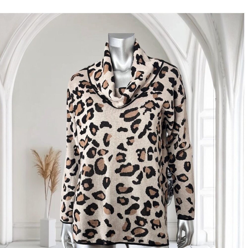 Calvin Klein Leopard Print Cowl Neck Beige Black Animal Pattern Sweater M